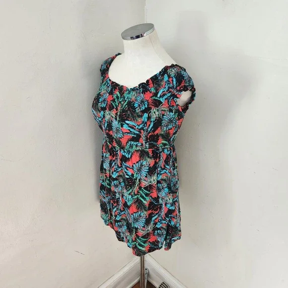 Salty Lemon Tropical Palm Leaf Smocked Bodice Top Coral Teal Women Small - Picture 5 of 7